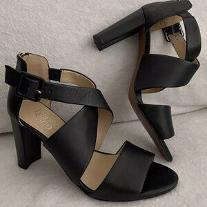New Franco Sarto Habra Black Leather Strappy Sandals Heels Size 7.5